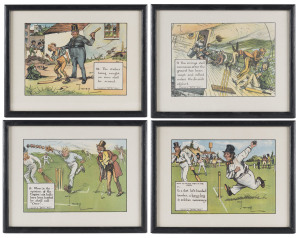 Charles CROMBIE: Four images from his "Laws of Cricket" series produced for "Perrier"; "How to place men in the field", "When (in the opinion of the Umpire)...", "The innings shall commence after the ground has been swept..." and "The striker being caught, no runs shall be scored.". Framed & glazed individually. (4).