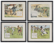 Charles CROMBIE: Four images from his "Laws of Cricket" series produced for "Perrier"; "How to place men in the field", "When (in the opinion of the Umpire)...", "The innings shall commence after the ground has been swept..." and "The striker being caught