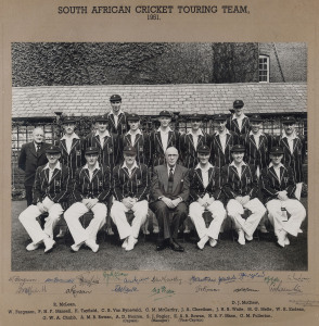 SOUTH AFRICAN TOURING TEAM, 1951Offical photograph by The Sport & General Press Agency, Fleet Street, London, of the team that visited England in 1951; fully signed below the image, which is mounted on a printed backing card. Overall 33.5 x 35cm.England won the five match series 3-1, with 1 match drawn. Dudley Nourse was captain; Eric Rowan vice-captain.Provenance: Formerly in the Monty Noble Collection.
