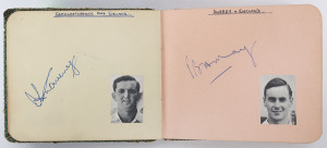 AUTOGRAPH BOOK: circa 1954/58, containing nearly 50 pen autographs; including R.T.Simpson, Godfrey Evans, Len Hutton, Peter May, Colin Cowdrey, Alec Bedser, Tony Lock, Ron Tattersall, Denis Compton, Jim Parkes, Wazir Mohamed, Jim Laker, Zulfiqar Ahmed, Brian Statham, Fazal Mohamood, D.T. Dewdney, Rohan Kanhai, Jack Pettiford, George Tribe, and many more.