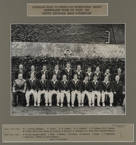 AUSTRALIAN TEAM ON TOUR, 1956, UNITED KINGDOM, INDIA & PAKISTAN: Official team photograph (by Sport & General Press Agency, Fleet St.) in period timber framed with title and players names in windows above and below the image. Overall 55 x 65cm.