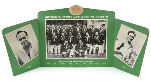 "Australia Sends her best to Britain - The Australian Team visits Britain 1956" point-of-sale shop display with a photograph of the Australian Team (names printed below) flanked by Ian Johnson and Keith Miller, with the Australian Cost-of-Arms above. 39 x 79cm. The only example of this interesting display we have seen; probably used to promote the sale of Australian meat or dairy products.