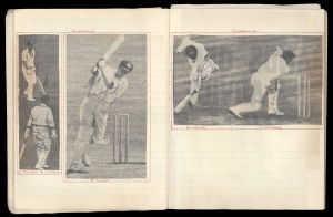 circa 1961 scrap book, with mostly newspaper and magazine cuttings also signed by the players involved. Many English County cricketers' signatures as well as Test players. Noted David Larter, Keith Andrew, Bob Taylor, Ken Barrington, Doug Padgett, Bill Lawry, Micky Stewart, John Mortimore, James Binks, John Edrich, Eric Bedser, Peter May, Brian Booth, Alan Davidson, Norm O'Neill, Bob Simpson, etc., many more.