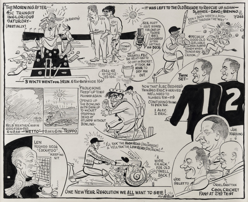 Samuel Garnet WELLS (Australian 1885-1972) [Test Cricket Between England And Australia 1962/3]. Ink and wash cartoon artwork, signed in image lower right, 31 x 38cm.