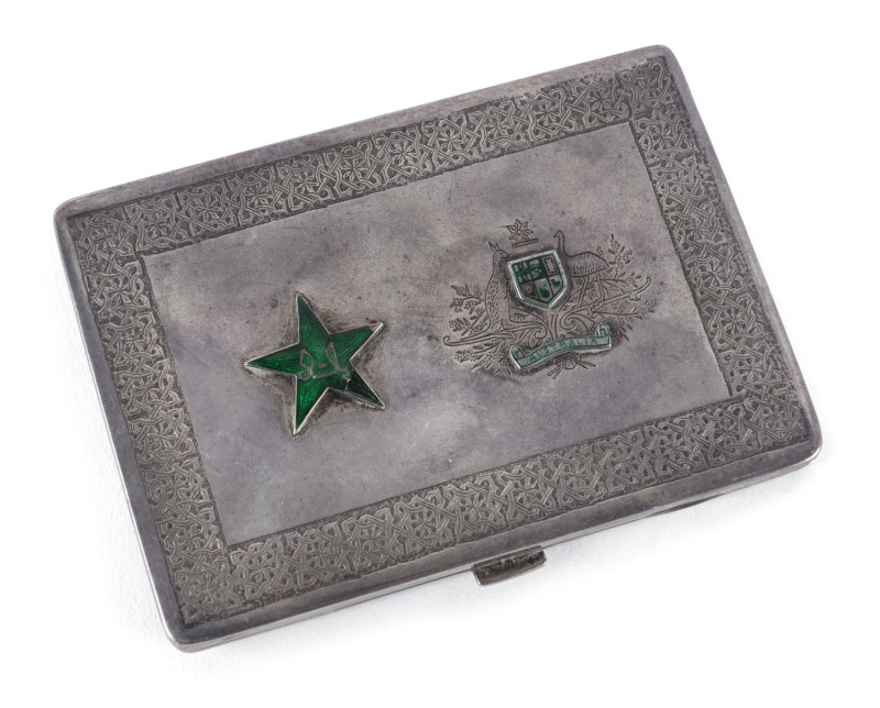 PAKISTAN CRICKET TOUR OF AUSTRALIA: Commemorative silver cigarette case with green enamelled star of Pakistan and Australian coat-of-arms to top; embossed maps of East and West Pakistan to lower surface. Believed to have been issued to the players.