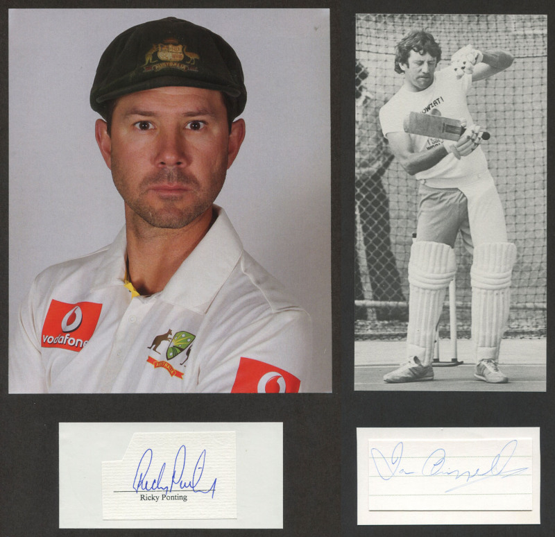 AUSTRALIAN TEST CRICKETER AUTOGRAPHS: A lovely collection of autographed displays in an album; mostly one autograph per page and including Ian Chappell, Ricky Ponting, Ian Healy, Glenn McGrath, Shane Warne, Barry Richards, Des Hoare, John Dyson, Jeff Hamm