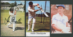 A collection of signed player photographs in an album, noted Ian Chappell, Doug Walters, Keith Stackpole, David Hookes, Rodney Hogg, Ian Healy, Chris Rogers, Ryan Harris, Glen Maxwell and many more. [Total: 27].