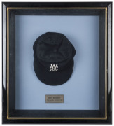 RAY BRIGHT'S VICTORIAN STATE TEAM CAP, navy blue wool with the VCA logo embroidered to front; made by Phillip Joseph and signed on the label. Attractively framed. - 2