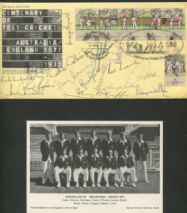 The Centenary Test Match (Melbourne) and The Jubilee Test Match played at Lords, 1977: Extensively signed First Day covers in a folder, the Australian cover signed by Rod Marsh, Greg Chappell, Doug Walters, Kerry O'Keeffe, Kim Hughes and 12 others; the English cover signed by the English team of 12.