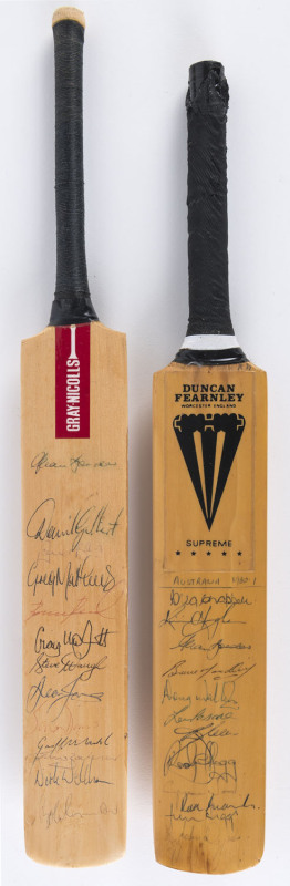 AUSTRALIA 1980-81 team signatures (including Greg Chappell, Kim Hughes, Allan Border, Doug Walters, Dennis Lillee, Rod Marsh) on a Duncan Fearnley Supreme mini-bat; also, a team led by Allan Border on a signed Gray-Nicholls mini-bat (including Bruce Reid,