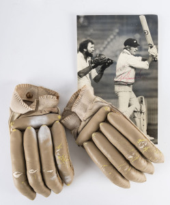 GEOFF HOWARTH, a pair of batting gloves, accompanied by a signed note advising that he used the gloves during the 1982-83 season (while captain of the national team) and a signed press photgraph of him batting in November 1980, with Victorian keeper, Richie Robinson watching the ball.