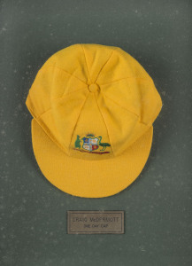 CRAIG McDERMOTT'S Australian "Baggy Gold" One-Day International Cap, with embroidered Australian Coat-of-Arms on front. With original photo CoA. Provenance: From the Craig McDermott Collection