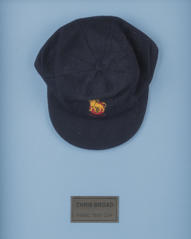 CHRIS BROAD'S ENGLAND XI CAP, from the 1990-91 rebel tour to South Africa, blue wool, with embroidered England logo & "England XI 1990-91" on front, named inside "CB". Fine condition. [Chris Broad played 25 Tests 1984-89]. Attractively framed.  