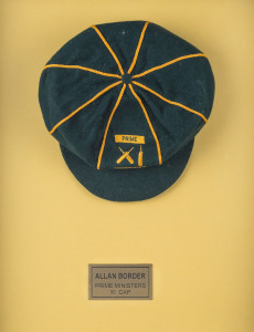 ALLAN BORDER'S AUSTRALIAN "PRIME MINISTER'S XI" CRICKET CAP, green wool, embroidered "Prime Minister's XI" logo on front, Albion label inside signed "Allan Border". Superb condition. [Allan Border played in the Prime Minister's XI ten times from 1985-96, 