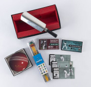 Cricket Miscellany, comprising a Sheffield Mint whisky flask in the shape of a cricket bat; a set of 4 drinks coasters in the shape of cricket balls sihned by Don Bradman; a World Cup England 1999 commemorative watch in box of issue plus 5 modern flicker