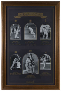 "The Knights of Cricket" framed display signed by the then living six knighted cricketers; Cowdrey, Weekes and Bradman in good condition. Overall 82 x 54cm.