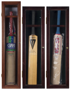 FULL-SIZE CRICKET BATS (3) IN PRESENTATION CASES: A Gunn & Moore Steve Waugh "200" Limited Edition (98/200) signby by Steve Waugh; a Stuart Surridge "Mark Taylor" branded bat; a Duncan Fearnley bat signed by players in the 1981-82 Australian Team v West Indies including Greg Chappell, Rod Marsh, Allan Border, Bruce Yardley, Jeff Thomson, Kim Hughes and several others, including Desmond Haynes. (mostly faded).