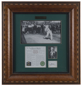 The Sir Don Bradman A.C. Commemorative Release, limited edition framed presentation issued by the Bradman Museum Trust & Legends, incorporating the original signature of Don Bradman, two photographs and a printed explanation and limitation statement; #358/2500; with signed certificate on reverse. Attractively framed & glazed, overall 56 x 52.5cm.