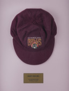 ANDY BICHEL'S QUEENSLAND CRICKET CAP, baggy maroon with embroidered "QUEENSLAND BULLS" badge on front, signed inside by Andy Bichel. [Bichel, a right-arm medium-fast bowler, played 19 Tests 1997-2003 and represented Queensland 98 times between 1992 and 20