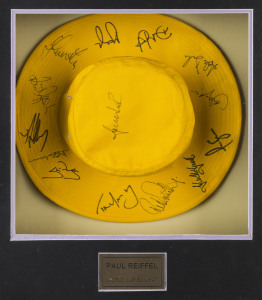 1999 AUSTRALIAN WORLD CUP TEAM: Paul Reiffel's Australian Fielding Hat, from the 1999 World Cup, with embroidered Australian Coat-of-Arms & player number "108" (Paul Reiffel's ODI number), signed by the Australian team, 14 signatures including Steve Waugh, Glenn McGrath & Shane Warne. The tournament was won by Australia, which beat Pakistan by 8 wickets in the final at Lord's Cricket Ground. Attractively framed. [Reiffel played in 35