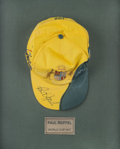 PAUL REIFFEL'S AUSTRALIAN ONE-DAY CAP, from the 1999 World Cup, won by Australia, yellow & green with embroidered Australian Coat-of-Arms on front, ICC World Cup logo on side, "Australia" & "108" (Paul's Australian ODI player cap number) on reverse. Match