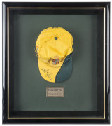 PAUL REIFFEL'S AUSTRALIAN ONE-DAY CAP, from the 1999 World Cup, won by Australia, yellow & green with embroidered Australian Coat-of-Arms on front, ICC World Cup logo on side, "Australia" & "108" (Paul's Australian ODI player cap number) on reverse. Match - 2