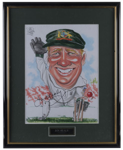 IAN HEALY and ADAM GILCHRIST autographed original caricatures by David Green; individually attractively framed & glazed. Healy overall 57 x 47cm; Gilchrist overall 51 x 40cm. (2).