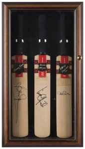 Brian Lara (11,953 Test runs), Wasim Akram (9,779 Test runs) and Chris Cairns (3,320 Test runs) individually signed Gray-Nicholls mini-bats attractively displayed in a custom-built glass-fronted display case.  