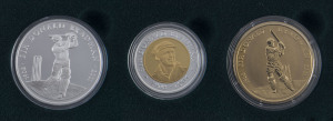 Sir Donald Bradman 3 Coin Proof Set in Gold/Silver $20,  Silver  $5 and Bronze $5 in official Perth Mint case of issue with Certificate No.1713.