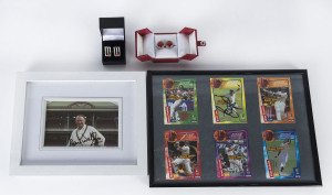 Range incl. 2 pairs of cufflinks, signed pic of Doug Walters, 6 Weet-bix cards in frame (Brett Lee signed), 1999 World Cup Champions medal, 2006-07 Cricket Ball Collection (Daily Telegraph), 2006-07 Ashes Urn with ceramic balls in presentation box, framed pic of Lords, 2011 ICC World Cup replica trophy in presentation box, folder containing cricket-related stamps, etc.