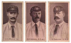 1905 Sniders & Abrahams 'Australian Cricket Team', complete set (15). Mainly G/VG; also the 3 cricket-themed images from Sniders & Abrahams' "Jokes" series of 1904-08. (Total: 18). Cat.£760+.
