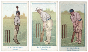 W.D. & H.O. Wills: 1905 'Australian Club Cricketers' (Blue and Green backs), almost complete set [40/46]; G/VG. Cat.£700.