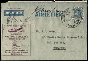 7-9 Apr.1946 (AAMC.1036a & 1038a) 7d Airletters overprinted in purple & red for the Sydney - Singapore & Sydney - London re-opening flights by QANTAS & BOAC; the former signed by pilots Furze & Moxham. Cat.$425.