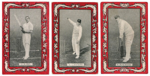 W.D. & H.O. Wills: 1909 'Australian & English Cricketers' (Red borders; 'Capstan' & 'Vice Regal' backs), complete set [25]; G/VG. Cat.£400.