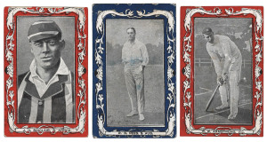 W.D. & H.O. Wills: 1910 'Australian & South African Cricketers' (Red & Blue borders; 'Capstan' backs), almost complete set [59/60]; G/VG. Cat.£900.