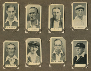 1932 Godfrey Phillips (Australia) "Test Cricketers" complete set of 38 in an album with other cigarette and trade cards including Hoadleys "Early Australian Series (49/50).  [Total: 162].