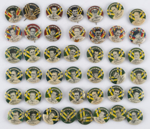 1950-51 Argus badges 'Australia v England 1950-1951 test souvenir', complete set of 14 Australian team badges plus 17 duplicates together with 12 of the crickers in their State Team colours. Poor/VG. [Total: 43].