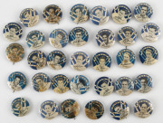 1950-51 Argus badges 'Australian 1950-51 Cricket Series', 10 different N.S.W. team members plus 14 different Victorian team members, plus duplicates. Poor/VG. [Total: 33].
