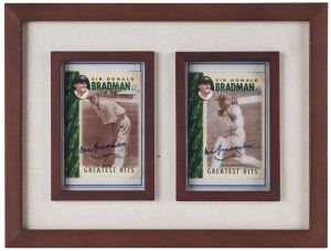 Don Bradman: 1997 Sanitarium (Weet-Bix) 'Sir Donald Bradman AC Greatest Hits', 2 cards from set of 16, both cards signed by Don Bradman. (2). Presented together in a small farme, overall 20.5 x 26.5cm.