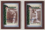 Don Bradman: 1997 Sanitarium (Weet-Bix) 'Sir Donald Bradman AC Greatest Hits', 2 cards from set of 16, both cards signed by Don Bradman. (2). Presented together in a small farme, overall 20.5 x 26.5cm. - 2