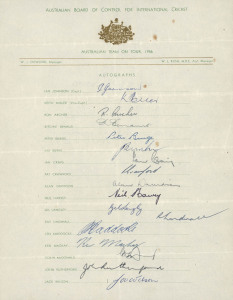 1956-83, a collection of six Australian Team sheets, all with minor faults or incompletely signed. A great source of autographs including Ian Johnson, Keith Miller, Richie Benaud, Neil Harvey, Len Maddocks, Dennis Lillee, Max Walker, Doug Walters, Allan Border, Rick Darling, Greg Chappell, Kim Hughes, Rod Marsh, Jeff Thomson, Terry Alderman, Rod Hogg and Geoff Lawson. (6 sheets, 80+ signatures).