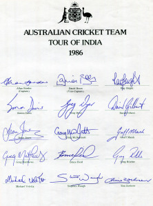 AUSTRALIAN TEAM SHEETS: 1961 Australian Team on Tour (Richie Benaud, Capt., Neil Harvey, Vice Capt.) with 19 signatures; 1964 Australian Team on Tour (Bob Simpson, Capt., Brian Booth, Vice Capt.) with 16 signatures; 1968 Australian Team on Tour (Bill Lawry, Capt., Barry Jarman, Vice Capt.) with 17 signatures; 1984 West Indies Tour (Kim Hughes, Capt., Allan Border, Vice Capt.) with 18 signatures; 1986 Tour of India (Allan Border, Capt., David Boon, Vice Capt.) with 15 signatures. (5 sheets.)