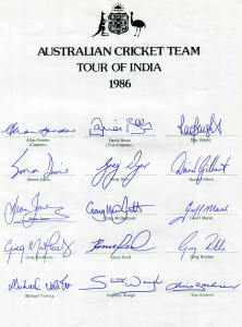 AUSTRALIAN TEAM SHEETS: 1961 Australian Team on Tour (Richie Benaud, Capt., Neil Harvey, Vice Capt.) with 19 signatures; 1964 Australian Team on Tour (Bob Simpson, Capt., Brian Booth, Vice Capt.) with 16 signatures; 1968 Australian Team on Tour (Bill Lawr