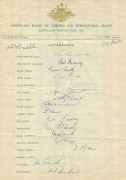 AUSTRALIA in ENGLAND 1961: An official Australian team sheet signed by the whole touring party which included Benaud (Capt.), Harvey (Vice Capt.), Grout, Lawry, McDonald and Simpson. Also, a similar team sheet but, most unusually, with reproduction signat