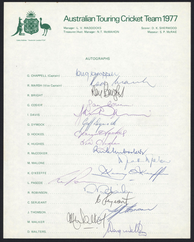 1977-83 collection of Australian Official Team sheets; all fully signed, comprising 1977 (Greg Chappell, Capt.), 1979 (Kim Hughes, Capt.), 1980 Pakistan Tour (Greg Chappell, Capt.), 1981 U.K & Sri Lanka Tour (Kim Hughes, Capt.), 1982 New Zealand Tour (Gre