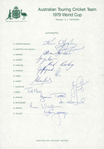 1979-83 collection of Australian Official Team sheets; all fully signed, comprising 1979 World Cup (Kim Hughes, Capt.), 1981 U.K & Sri Lanka Tour (Kim Hughes, Capt.), 1982 New Zealand Tour (Greg Chappell, Capt.), 1985 England Tour (Allan Border, Capt.), 1988 Pakistan Tour (Allan Border, Capt.) and 1991 Zimbabwe Tour (Mark Taylor, Capt.). (6 sheets; a total of 98 original signatures).