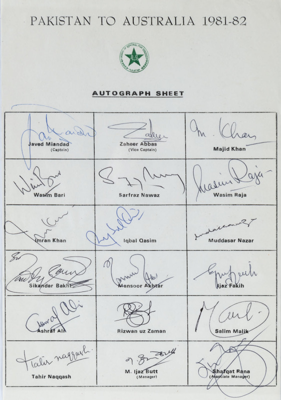 1981-1990 A collection of four (4) framed team sheets, comprising: 1981-82 Pakistan to Australia (with 18 signatures), 1982 English Team v Western Australia (with 12 signatures), 1990 Indian Team to England (with 19 signatures) and 1993-94 New Zealand Tea