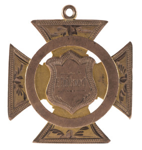 Imperial Football Club Warracknabeal 1908 Premiership medal, presented to E.Holdsworth, 9ct gold manufactured by W.C. Schafer, 