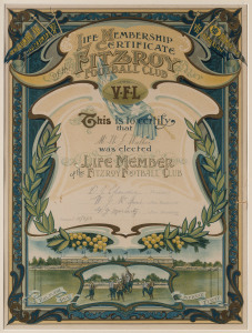 FITZROY FOOTBALL CLUB: A life membership certificate issued for Mr. W.J. Walker in March 1913; signed by the club president, D.J. Chandler and other board members. A most attractive colour lithograph, nicely presented in a period timber frame. Overall 72 x 54cm.William John Walker played 169 games for Fitzroy, between 1903 and 1914. A ruck shepherd, Walker was a best and fairest winner at Fitzroy in 1909. He was a member of premiership sides in 1904, 1905 and 1913, the last as club captain