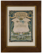 FITZROY FOOTBALL CLUB: A life membership certificate issued for Mr. W.J. Walker in March 1913; signed by the club president, D.J. Chandler and other board members. A most attractive colour lithograph, nicely presented in a period timber frame. Overall 72 - 2